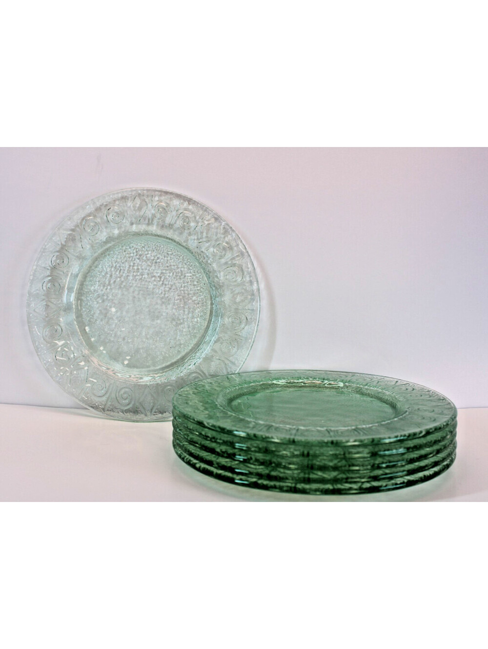 MCM Vtg Indiana Glass KIG Pressed Glass Lt Green Lunch Plates Textured Lot/6